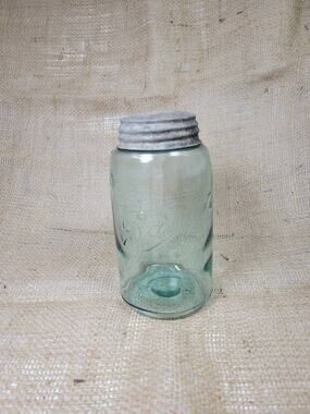 Antique Ball Jar Blue Quart 3 Loop Triple L Logo Slope Shoulder Zinc Lid 1900